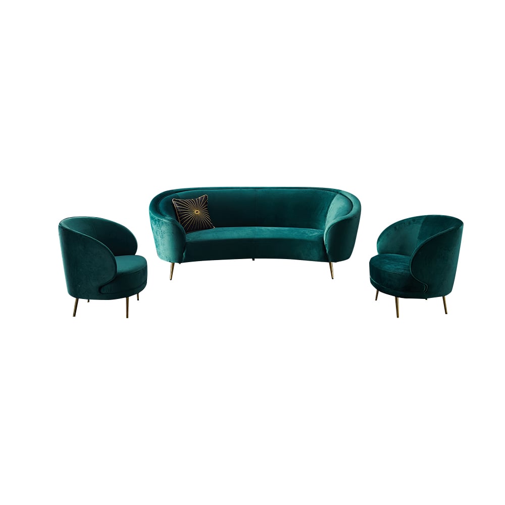 Modern Deep Green Velvet Sofa Set 3 Pieces Living Room Set 3-Seater with 2 Armchairs window image