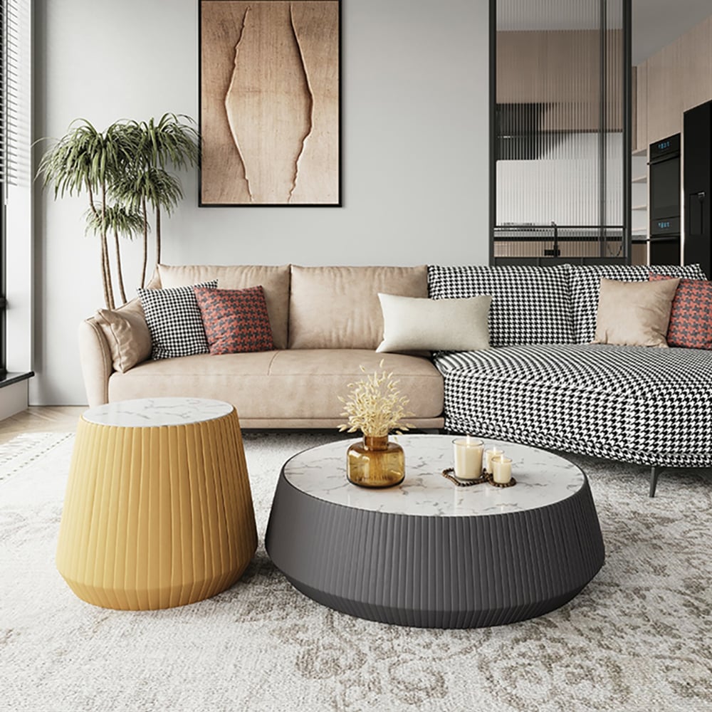 Nordic Drum Coffee Table Set of 2 Sintered Stone & Carbon Steel in White & Gray & Yellow window image