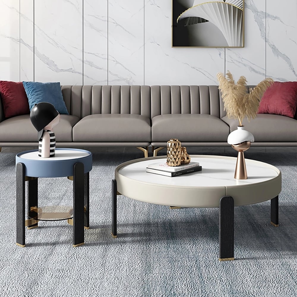 Ensemble de 2 tables basses rondes contemporaines en pierre frittée avec pieds en bois de frêne image de fenêtre