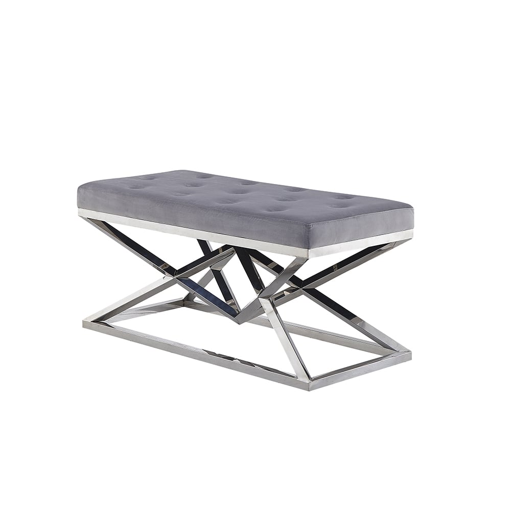 1100mm Grey Modern Velvet Upholstered Bench in Silver Base Entryway Bench window image