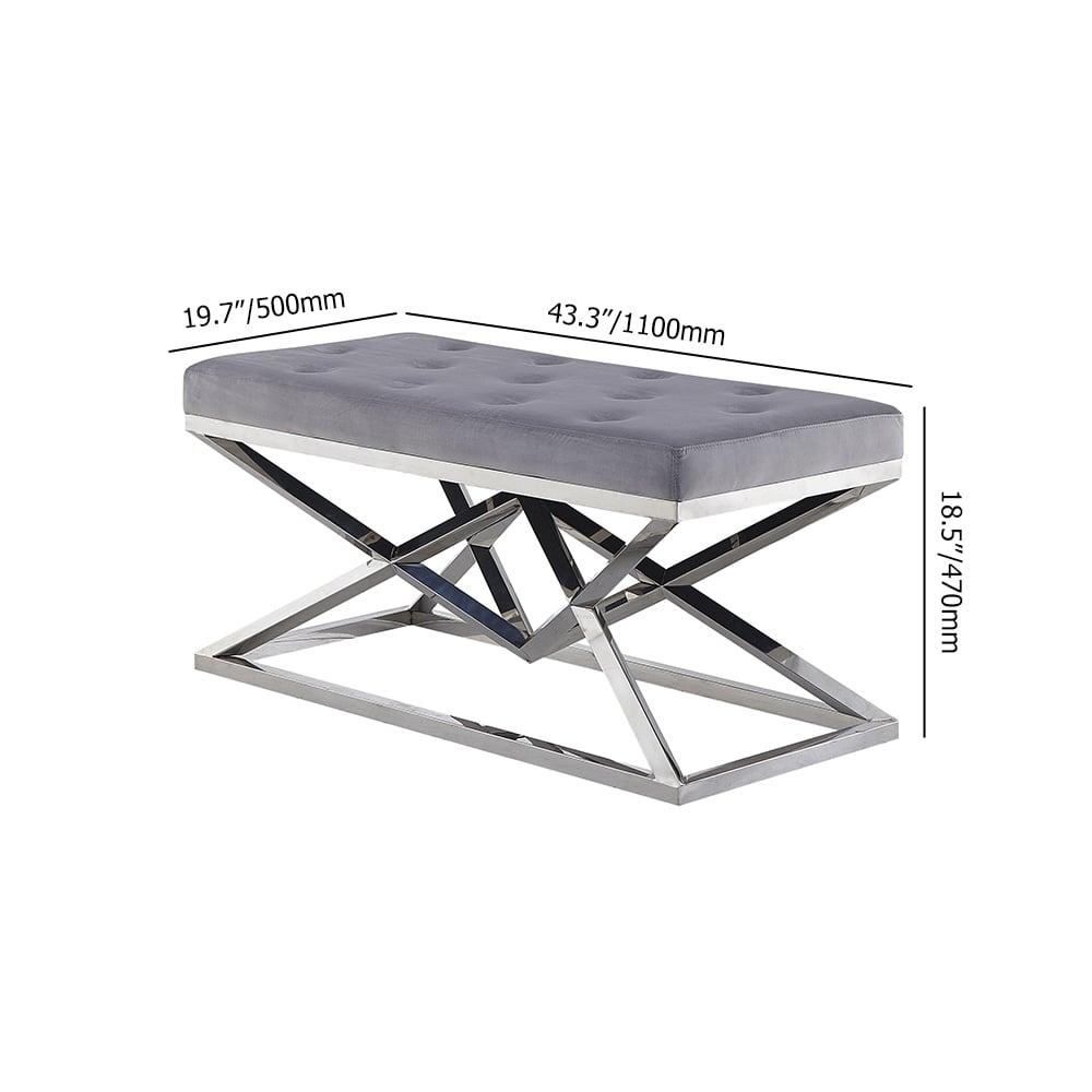 1100mm Grey Modern Velvet Upholstered Bench in Silver Base Entryway Bench weights dimensions image