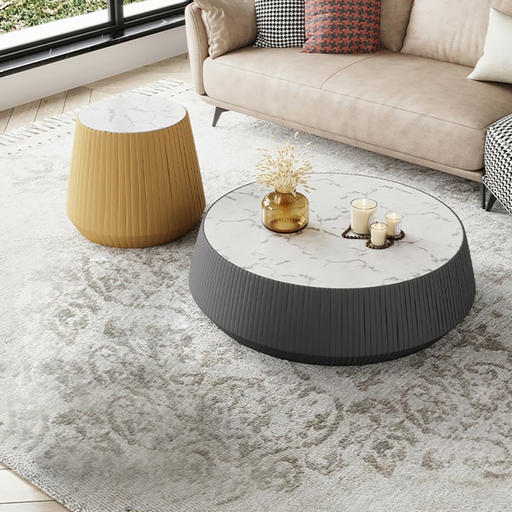 Nordic Drum Coffee Table Set of 2 Sintered Stone & Carbon Steel in White & Gray & Yellow window image