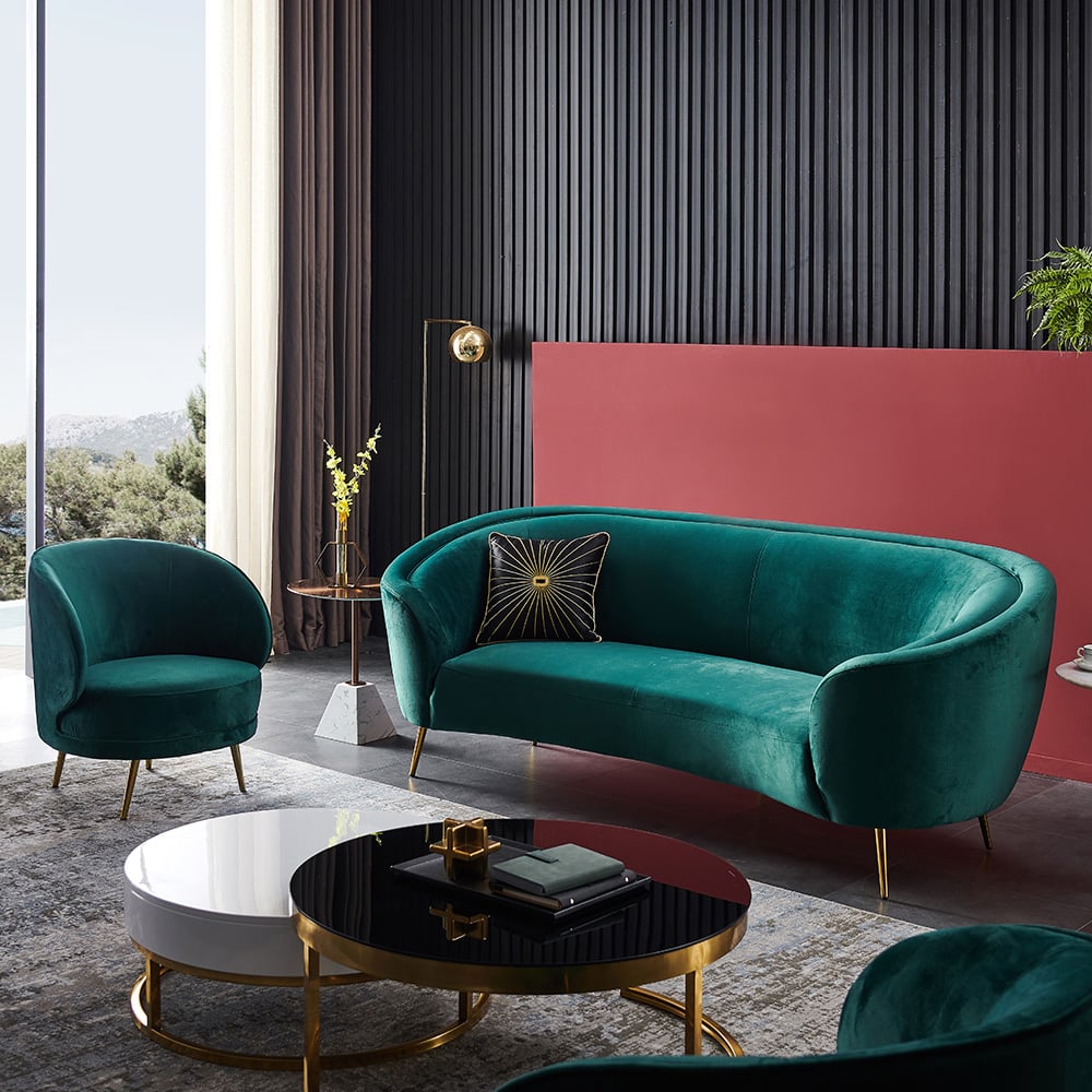Modern Deep Green Velvet Sofa Set 3 Pieces Living Room Set 3-Seater with 2 Armchairs window image