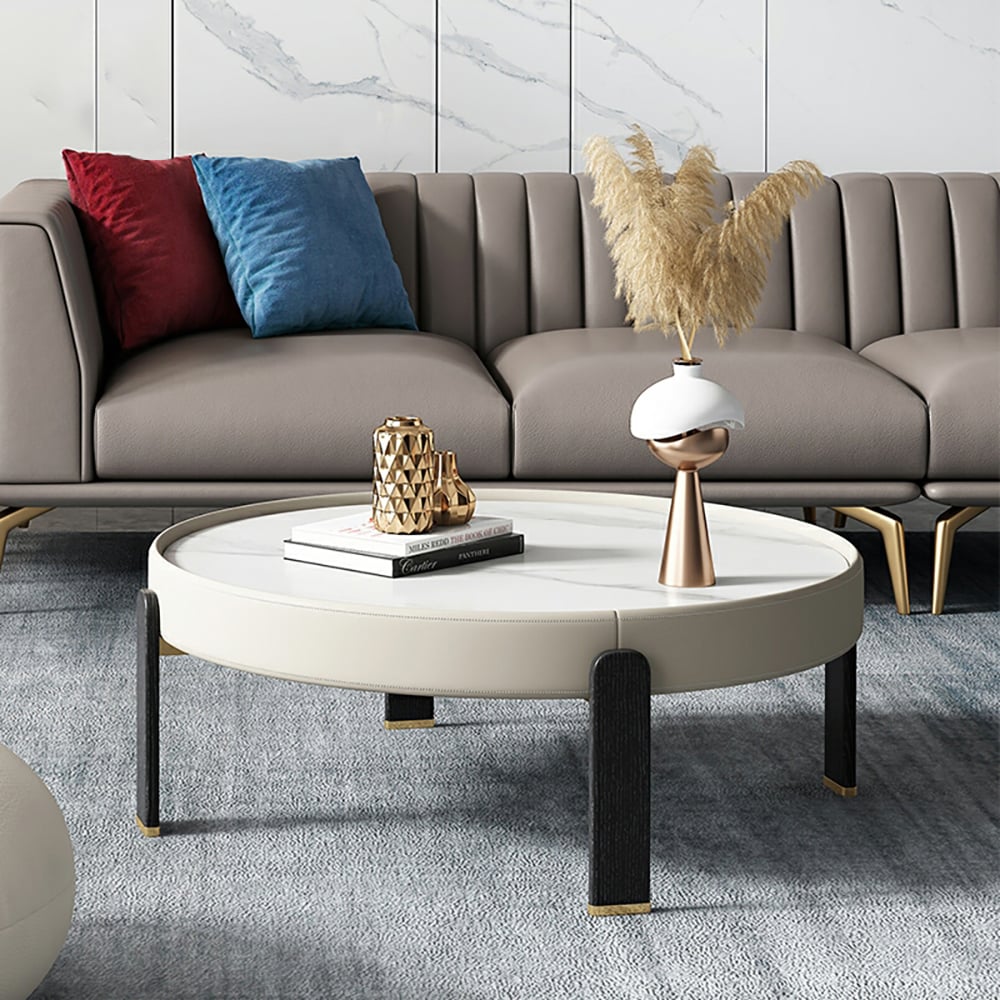 Ensemble de 2 tables basses rondes contemporaines en pierre frittée avec pieds en bois de frêne image de fenêtre