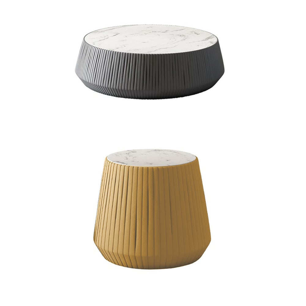 Nordic Drum Coffee Table Set of 2 Sintered Stone & Carbon Steel in White & Gray & Yellow window image