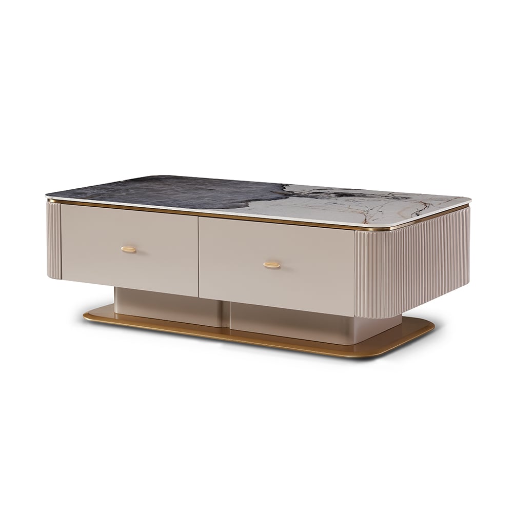 Contemporary Khaki Rectangular Sintered Stone Top Coffee Table with Golden Frame window image