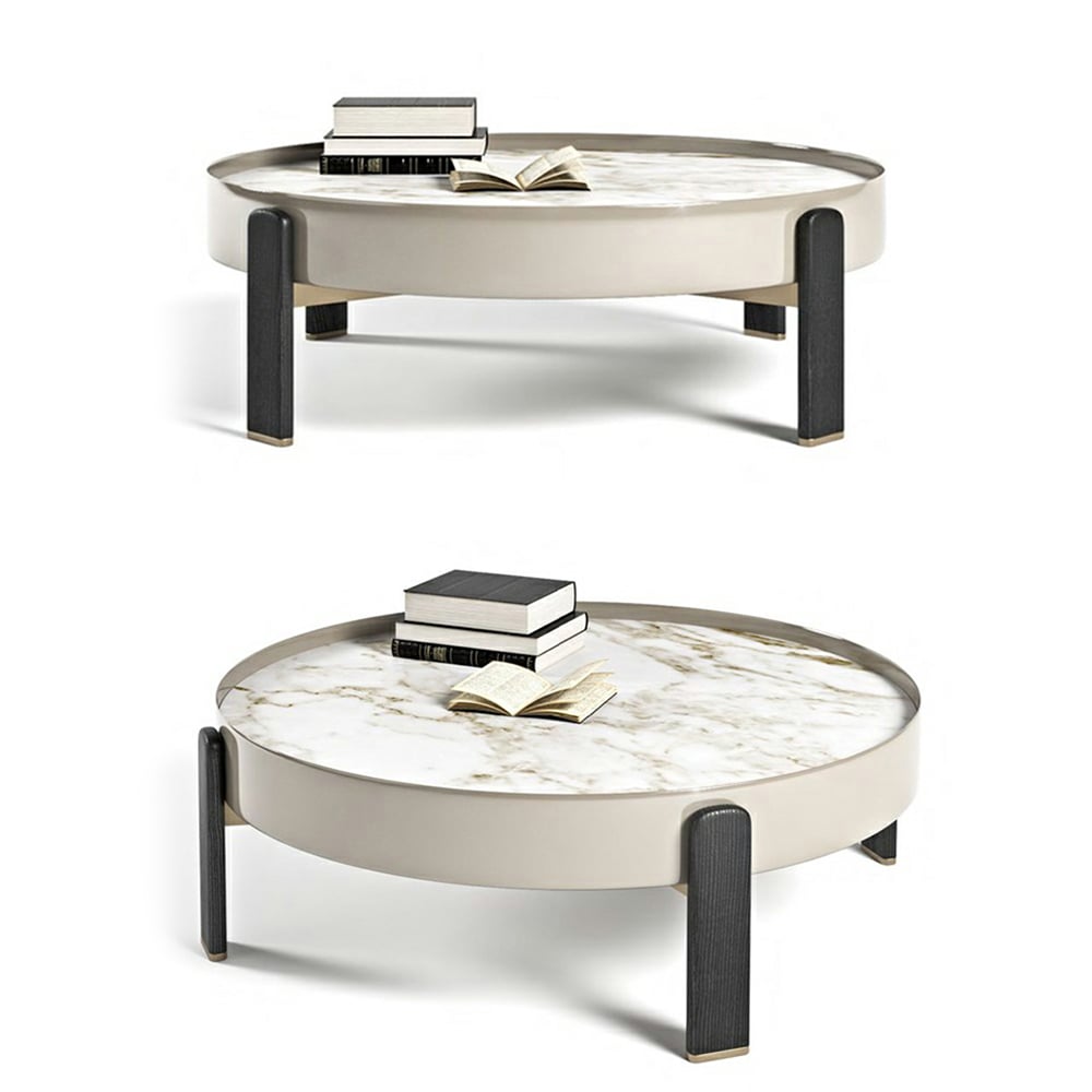 Ensemble de 2 tables basses rondes contemporaines en pierre frittée avec pieds en bois de frêne image de fenêtre