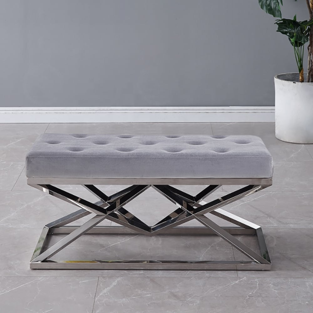 1100mm Grey Modern Velvet Upholstered Bench in Silver Base Entryway Bench window image