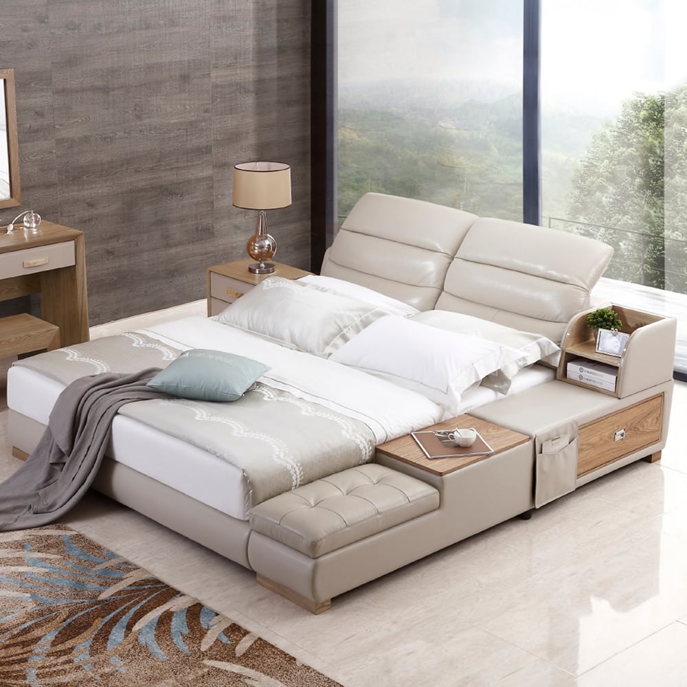 Lit plateforme en cuir beige rembourré avec lattes en bois avec rangement image de fenêtre