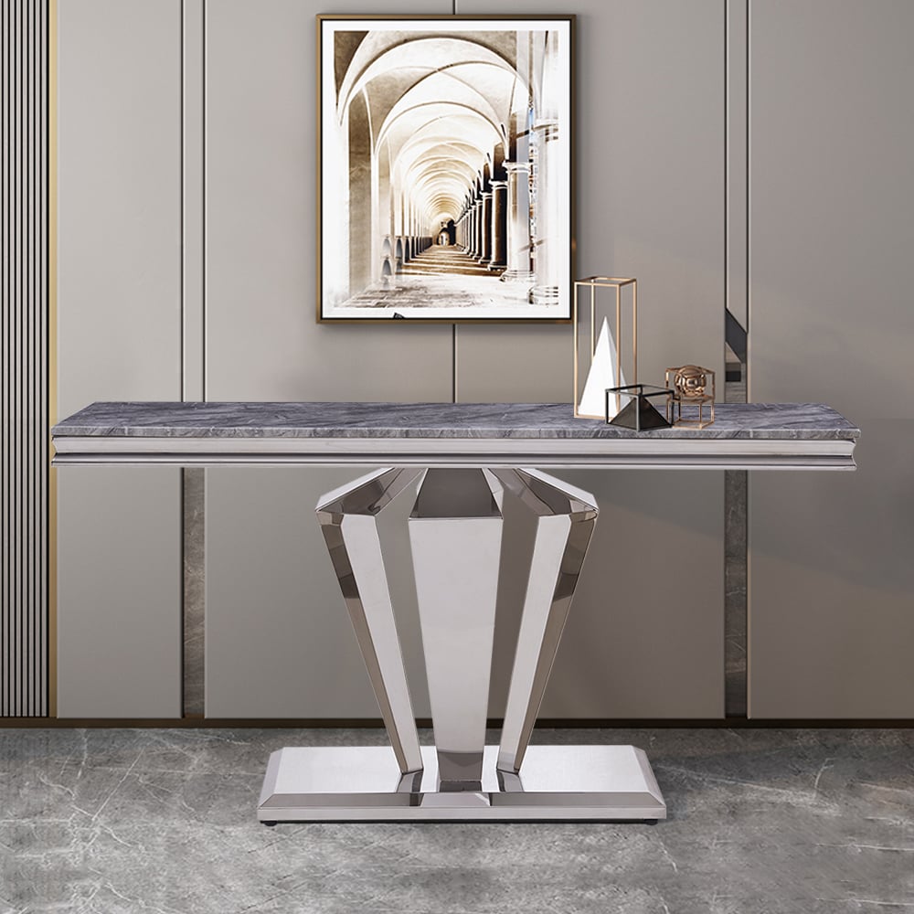 55" Rectangle Gray Console Table in Faux Marble & Stainless Steel for Entryway window image