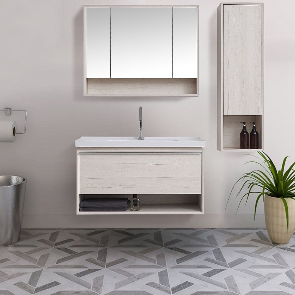 1005mm Contemporary Beige Floating Stone Top Bathroom Vanity with Integrated Basin window image
