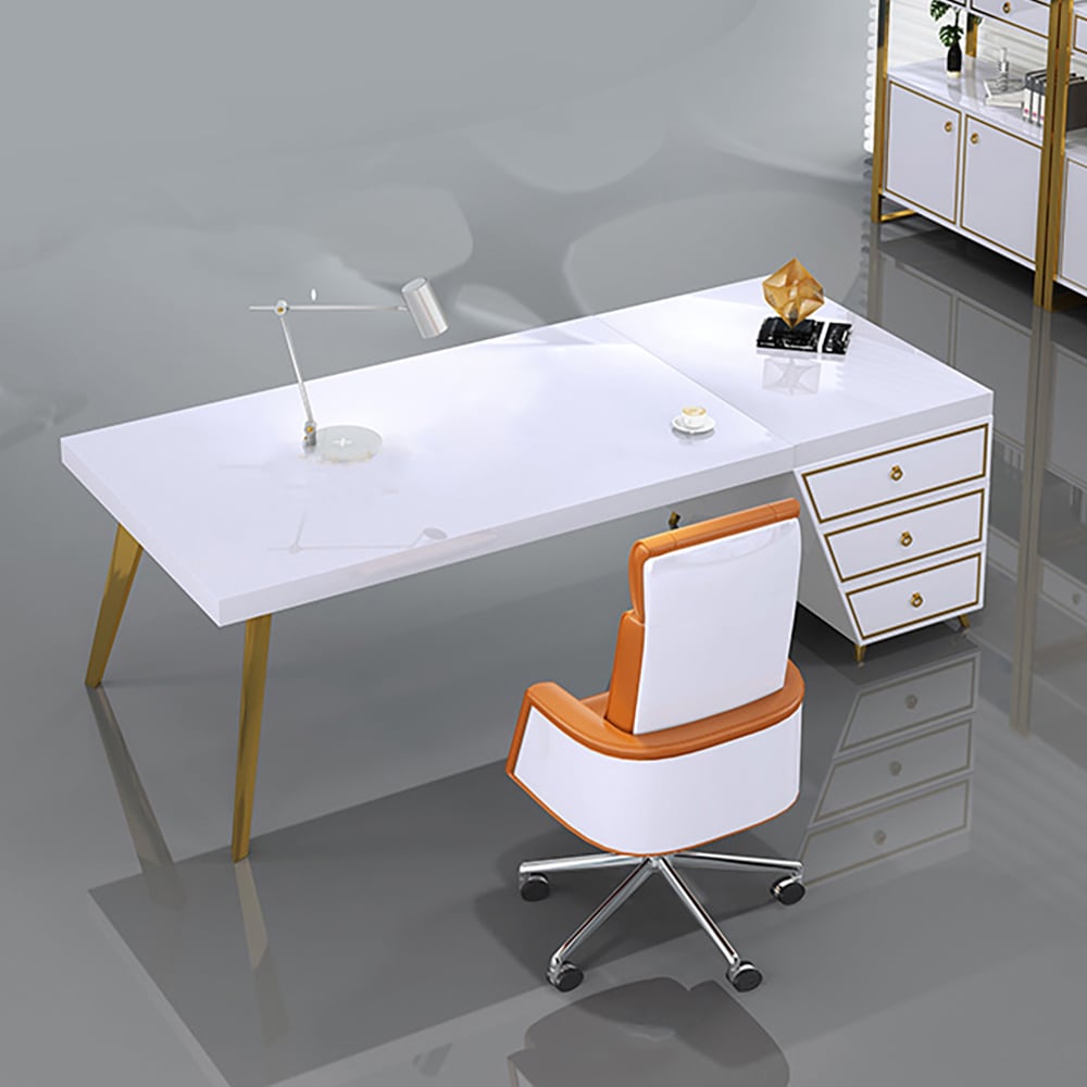 Bureau de bureau blanc minimaliste moderne de forme rectangulaire avec 3 tiroirs à droite image de fenêtre