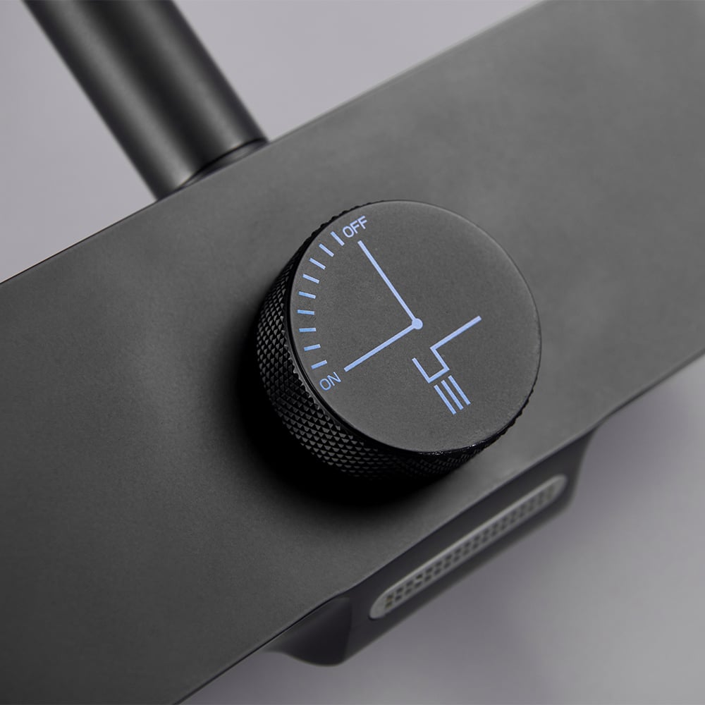 Wall Mounted Exposed Square Rain Shower Fixture with Thermostatic Mixer Valve in Black window image