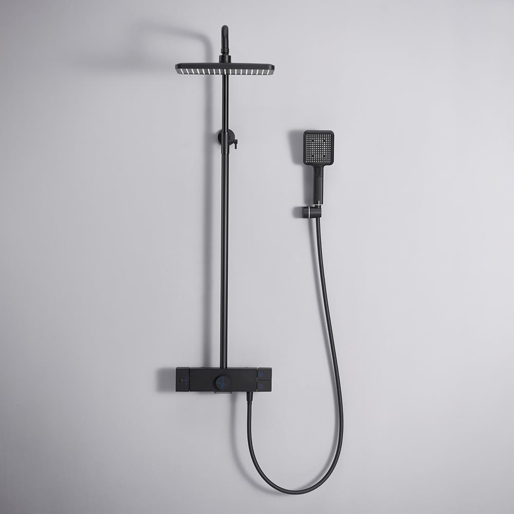 Wall Mounted Exposed Square Rain Shower Fixture with Thermostatic Mixer Valve in Black window image