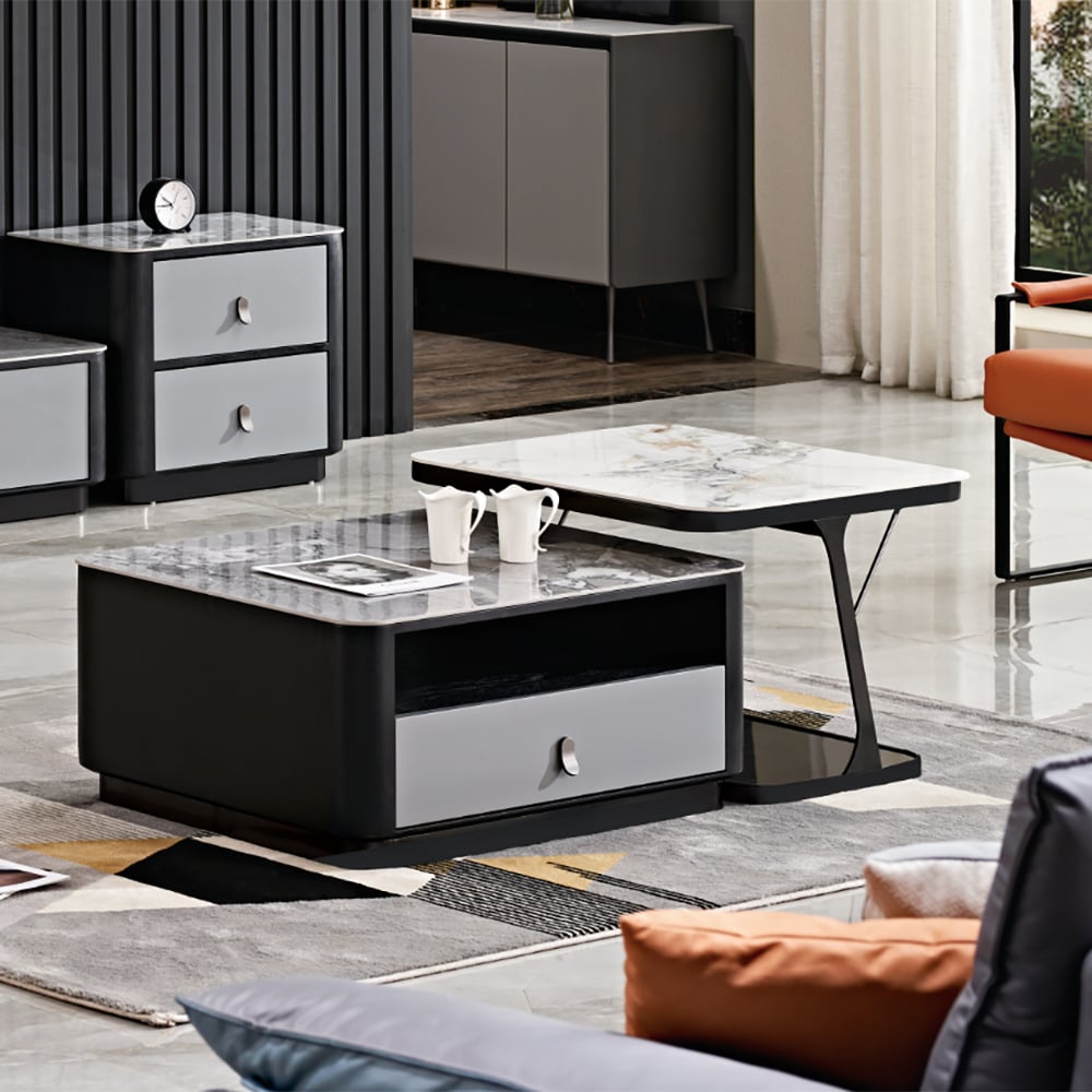 2 Pieces Modern Sintered Stone Square Nesting Coffee Table in Black & Gray with Drawer window image
