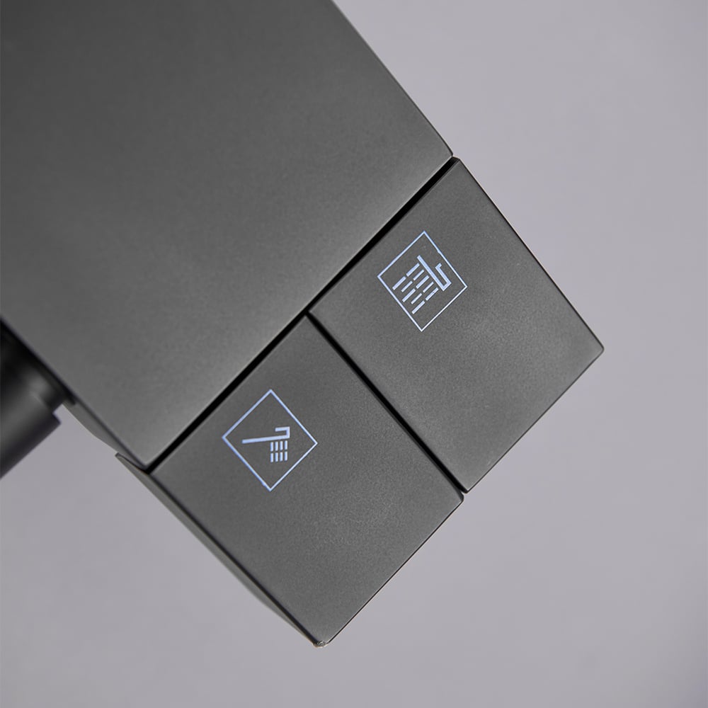 Wall Mounted Exposed Square Rain Shower Fixture with Thermostatic Mixer Valve in Black window image