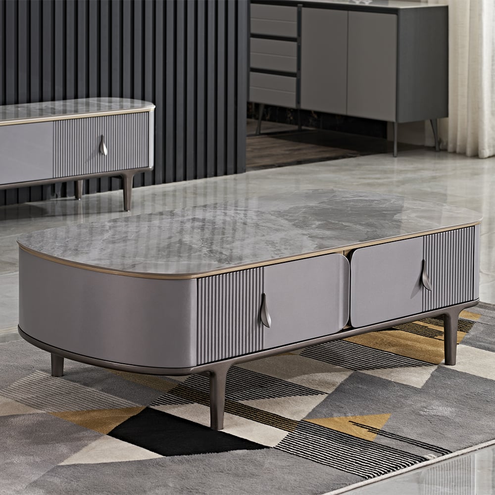 Contemporary Oval Coffee Table with Sintered Stone Top with 2 Drawers window image