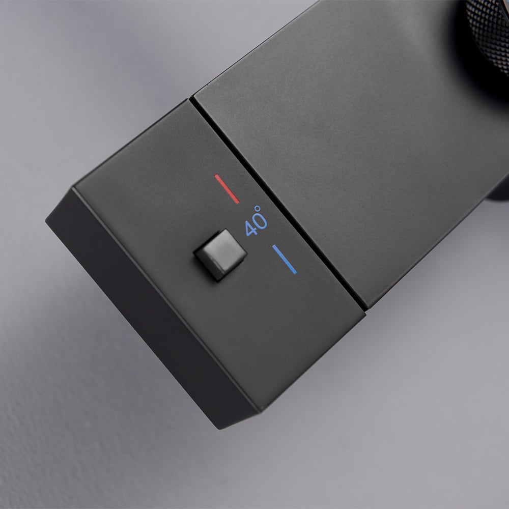 Wall Mounted Exposed Square Rain Shower Fixture with Thermostatic Mixer Valve in Black window image