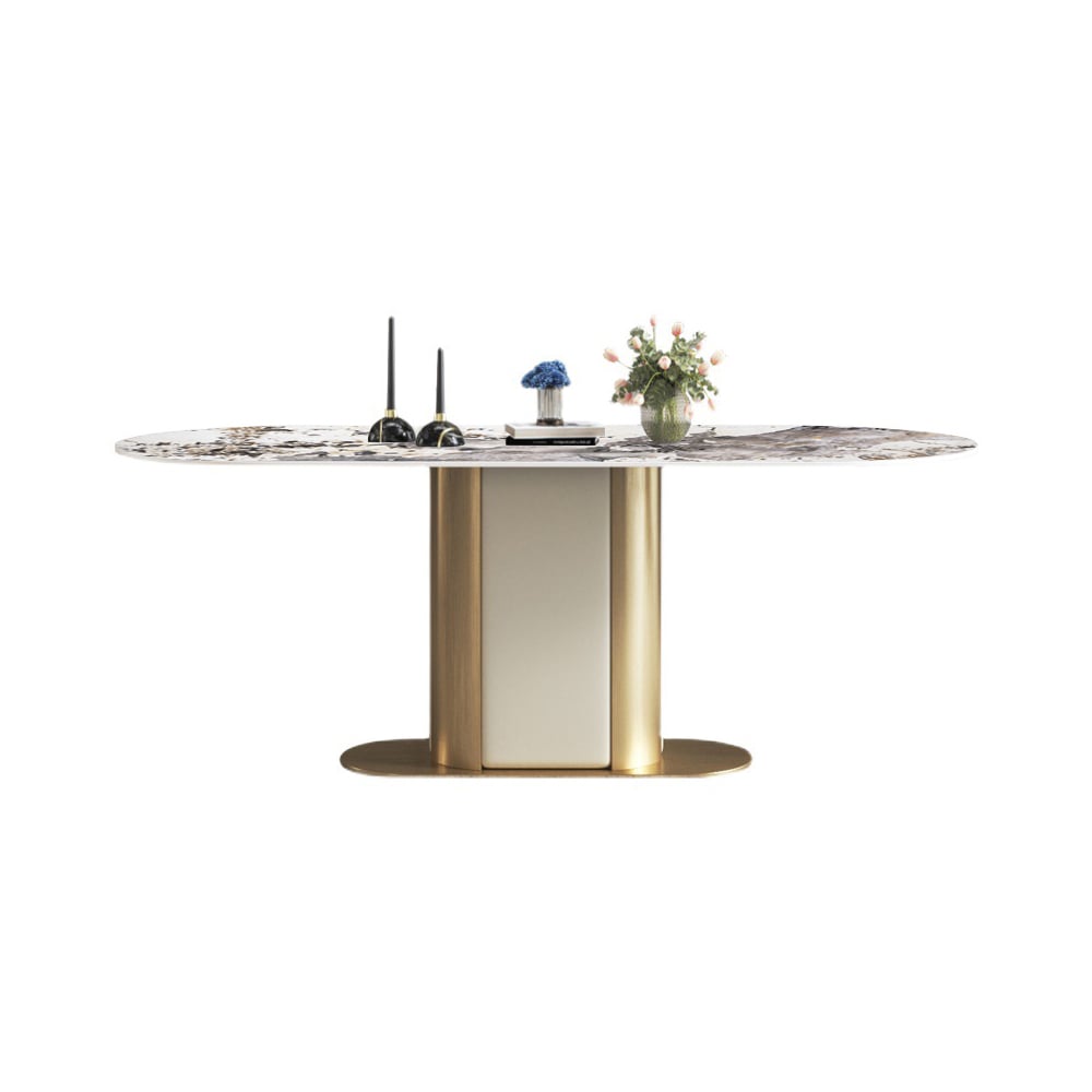 Table de salle à manger moderne ovale de 79 po avec dessus en pierre frittée avec piédestal en acier inoxydable image de fenêtre