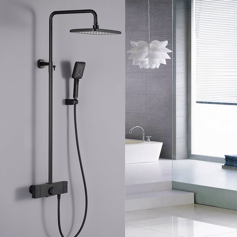 Wall Mounted Exposed Square Rain Shower Fixture with Thermostatic Mixer Valve in Black window image