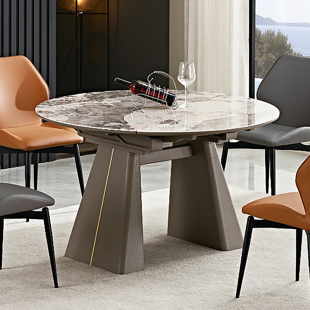 Modern Extendable Round Sintered Stone Top Dining Table with Double Pedestal window image