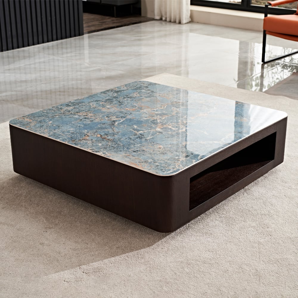 Contemporary Square Sintered Stone Top Coffee Table with Shelf in Blue & Brown window image
