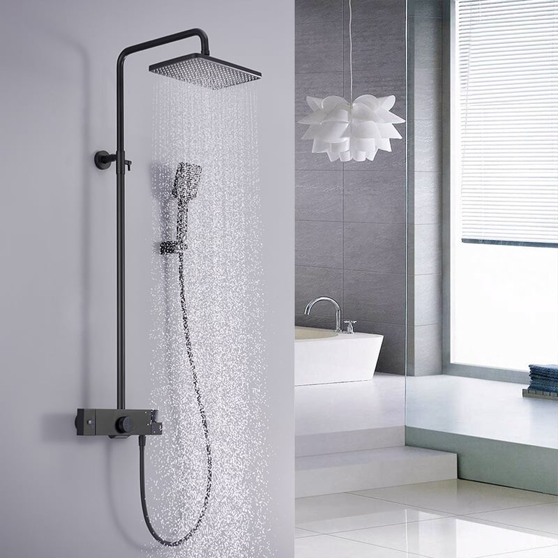 Wall Mounted Exposed Square Rain Shower Fixture with Thermostatic Mixer Valve in Black window image
