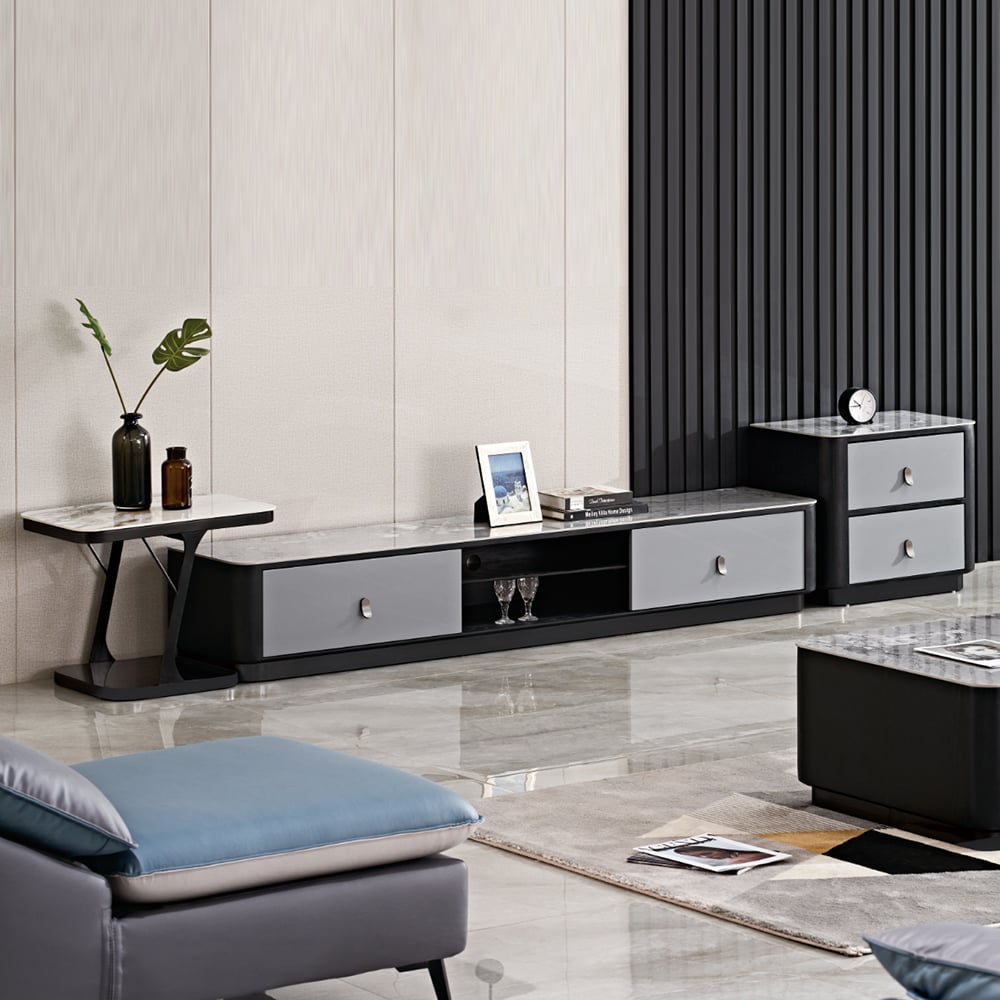 Meuble TV contemporain 3 pièces pour 85 pouces en noir et gris avec tiroirs image de fenêtre