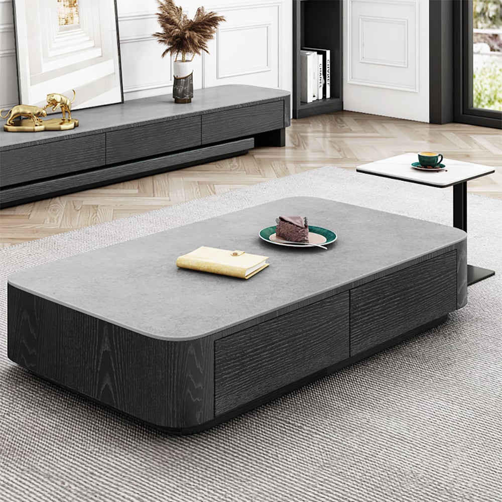 Rectangular & Square Nesting Coffee Table Set with 4 Drawers Set of 2 in Black & Grey window image