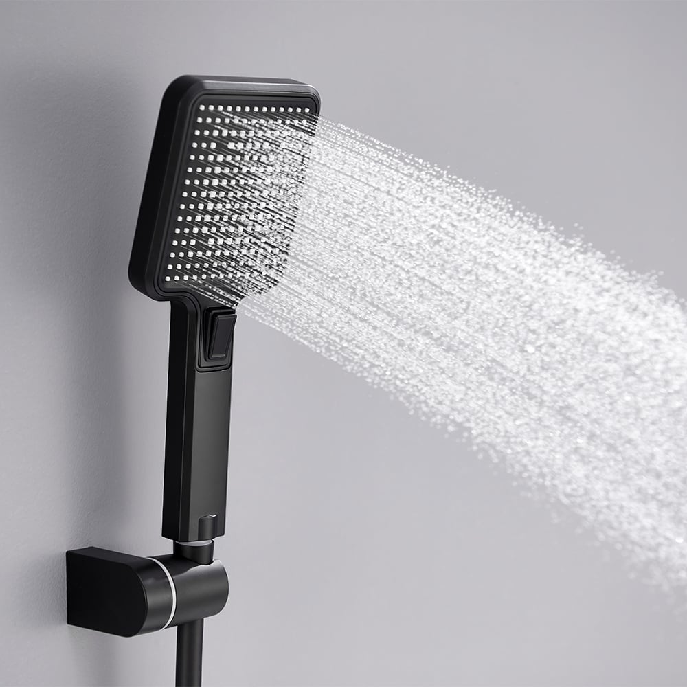 Wall Mounted Exposed Square Rain Shower Fixture with Thermostatic Mixer Valve in Black window image