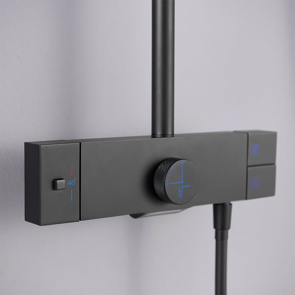 Wall Mounted Exposed Square Rain Shower Fixture with Thermostatic Mixer Valve in Black window image