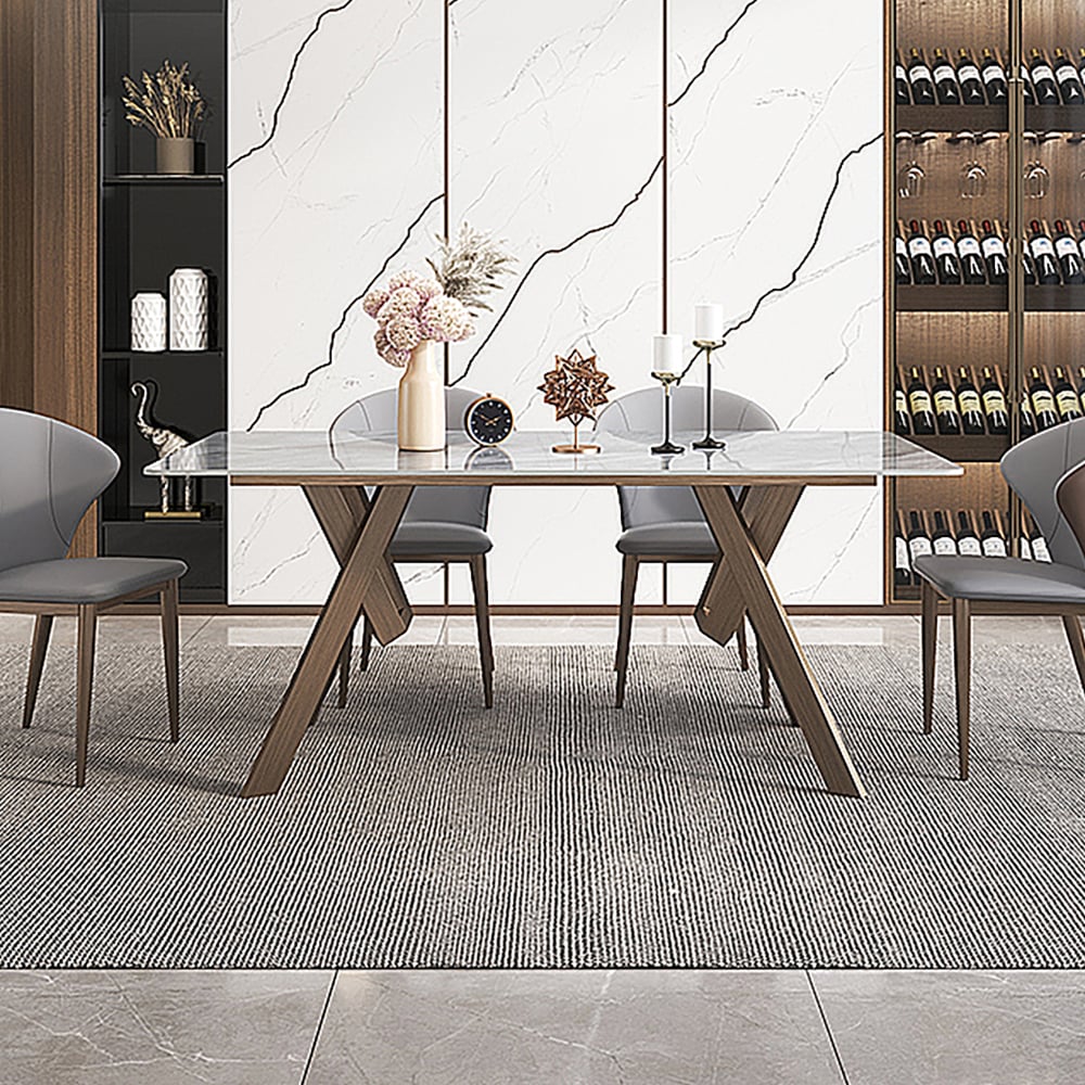 79" Gray & Gold Rectangle Sintered Stone Top Dining Table with Double Pedestal window image