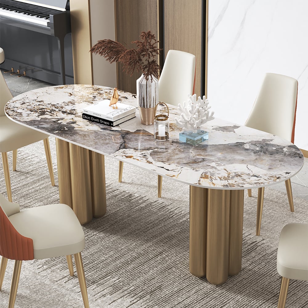 71" Modern Oval Dining Table with Sintered Stone Top & Double Pedestal window image