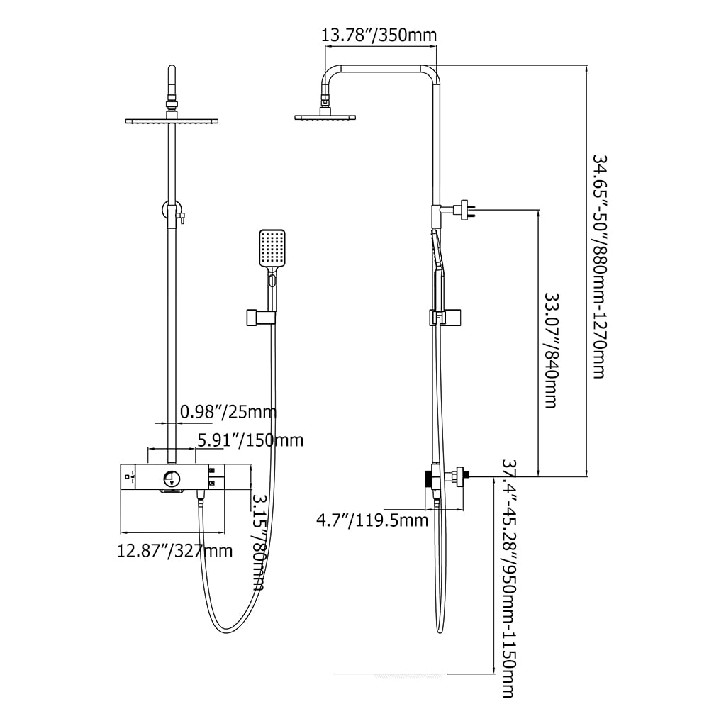 Wall Mounted Exposed Square Rain Shower Fixture with Thermostatic Mixer Valve in Black window image