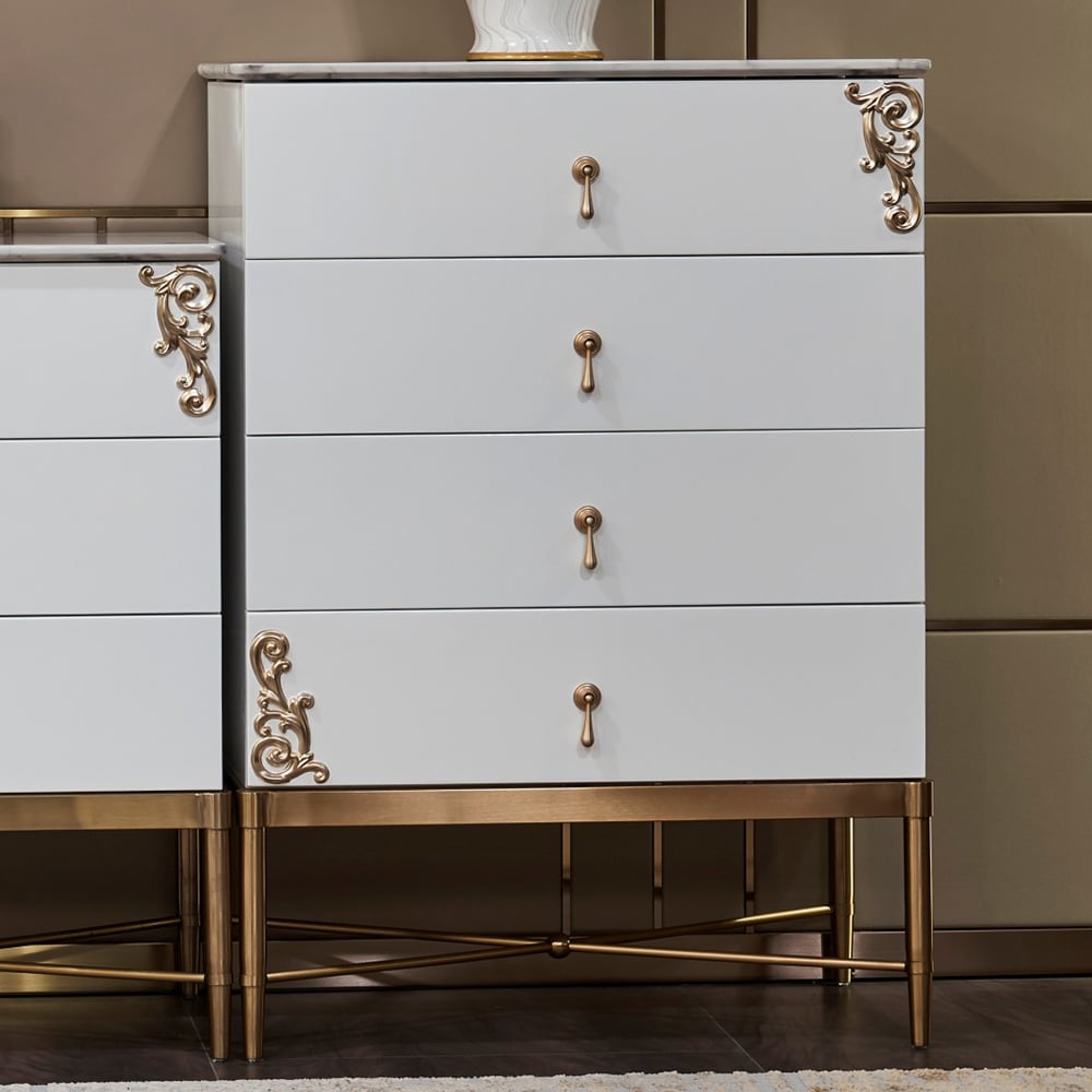 Armoire d'appoint rétro à 4 tiroirs avec cadre en acier inoxydable en or brossé image de fenêtre