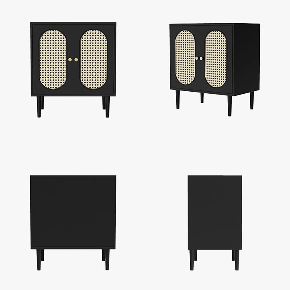Table d'appoint nordique noire en rotin tissé 2 portes 1 étagère image de fenêtre
