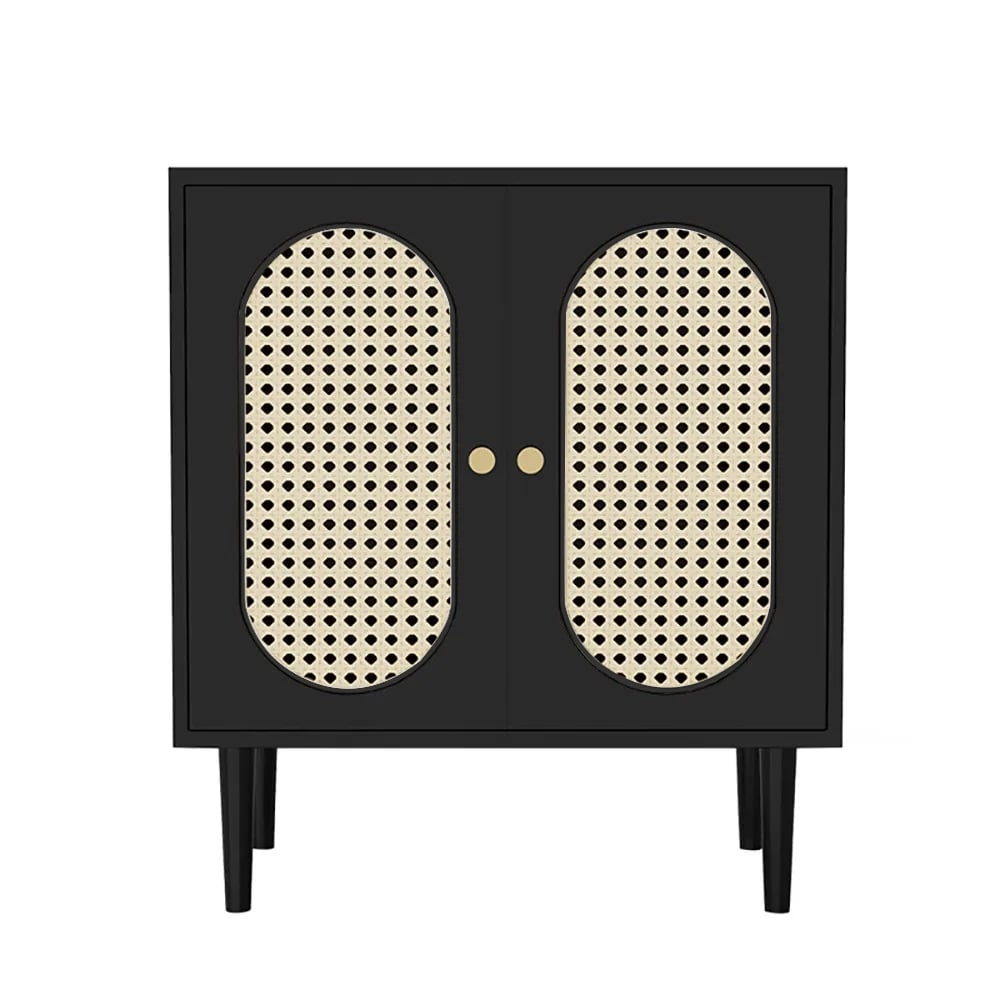 Table d'appoint nordique noire en rotin tissé 2 portes 1 étagère image de fenêtre