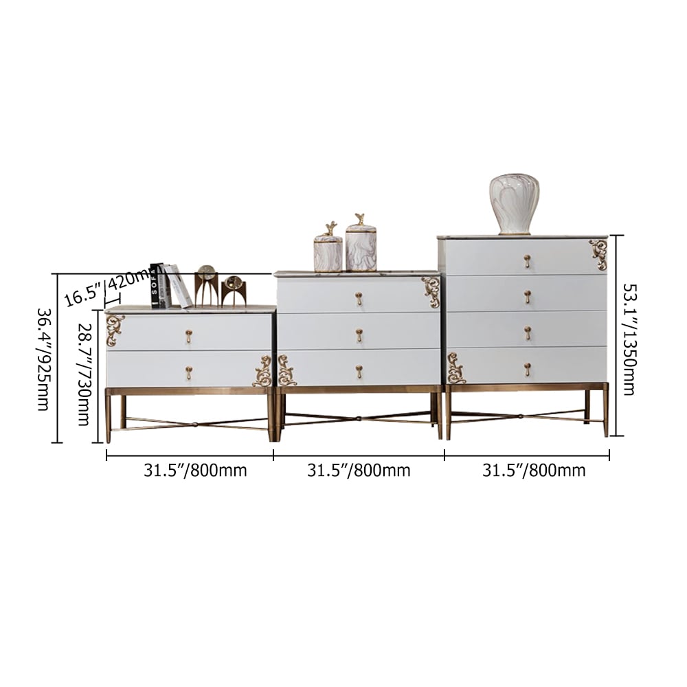Armoire d'appoint rétro à 4 tiroirs avec cadre en acier inoxydable en or brossé image de fenêtre