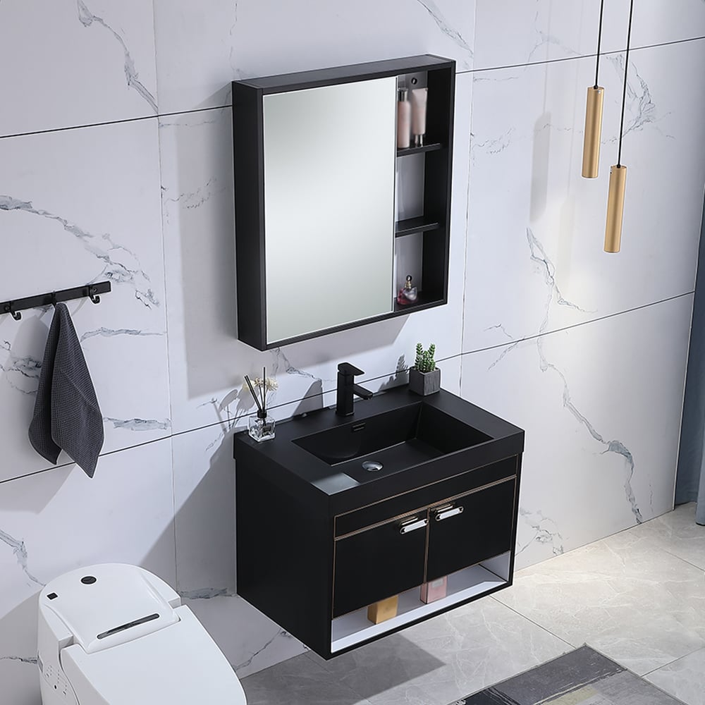 800mm Wall Mounted Black Bathroom Vanity Set Quartz Sink with Medicine Cabinet window image