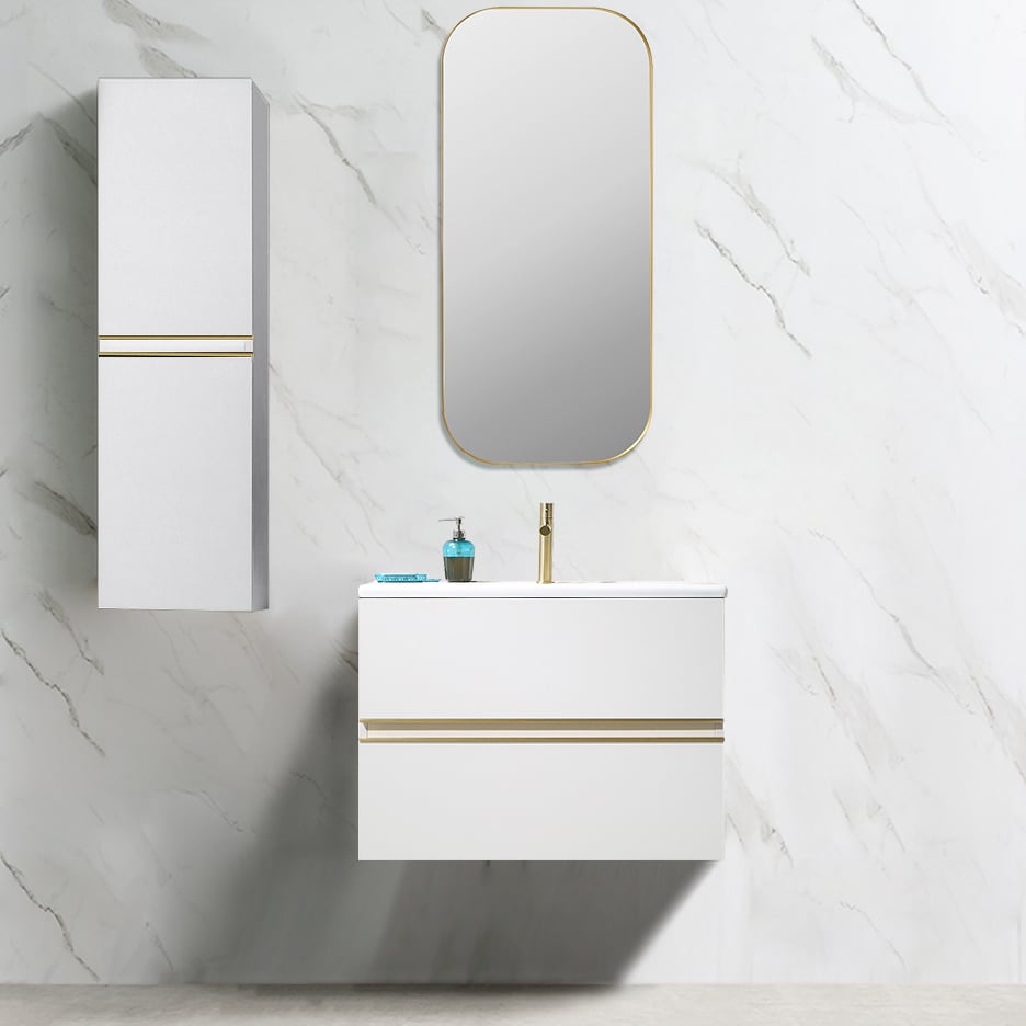 Meuble-lavabo flottant blanc de 31,9 po avec dessus en pierre frittée avec évier sous comptoir et 2 tiroirs image de fenêtre