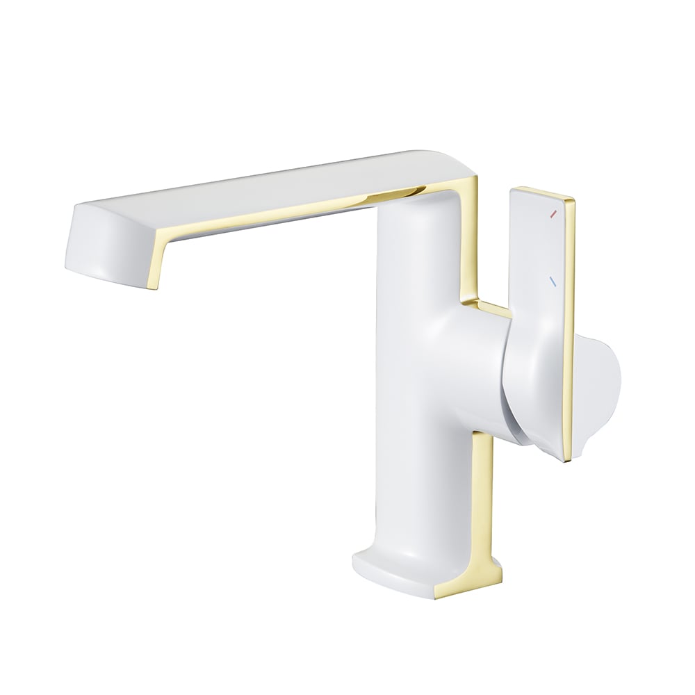 Monobloc Bathroom Basin Tap Solid Brass Single Lever Handle in White & Gold