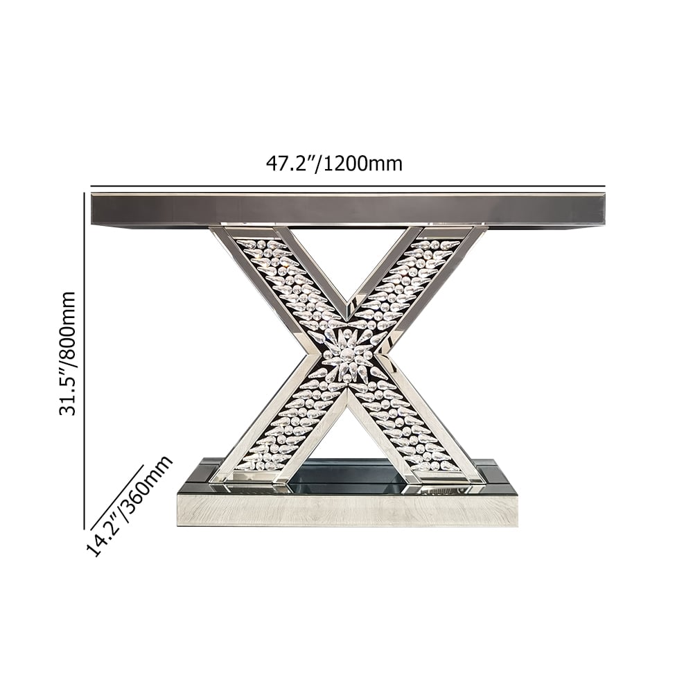 Moderne zilveren glazen consoletafel met X-vormig voetstuk Vensterafbeelding