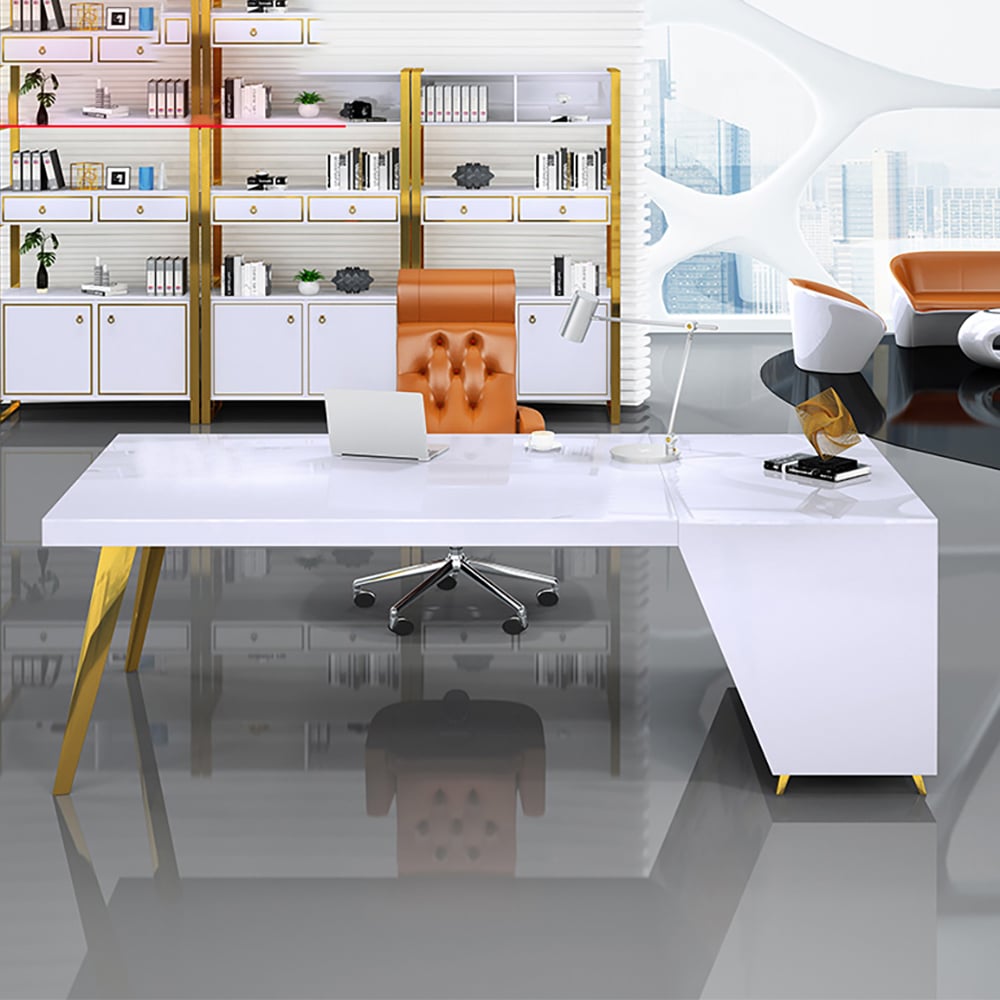 Minimalistisch modern wit bureau van rechthoek met 3 lades linkerhand Vensterafbeelding