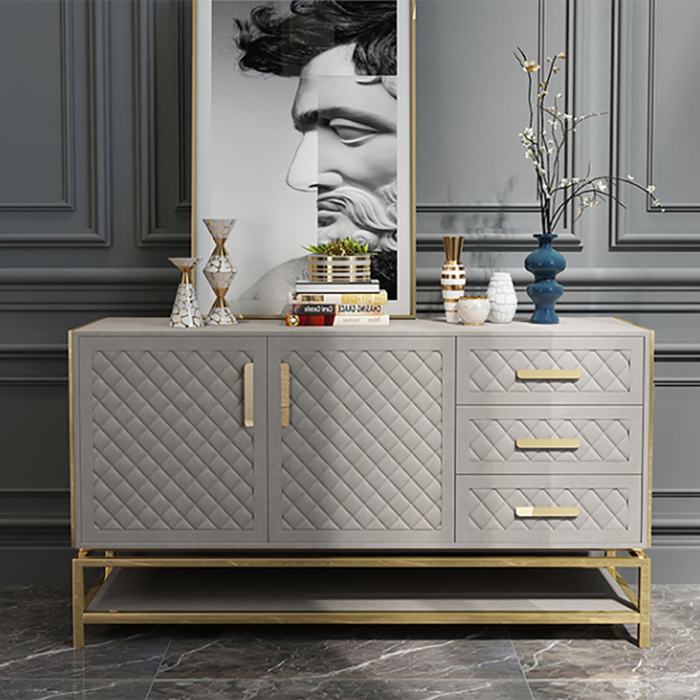 Küchen-Sideboard aus Kunstleder, 1500 mm, 3 Schubladen und 2 Türen mit Stauraum in Grau Schaufensterbilder