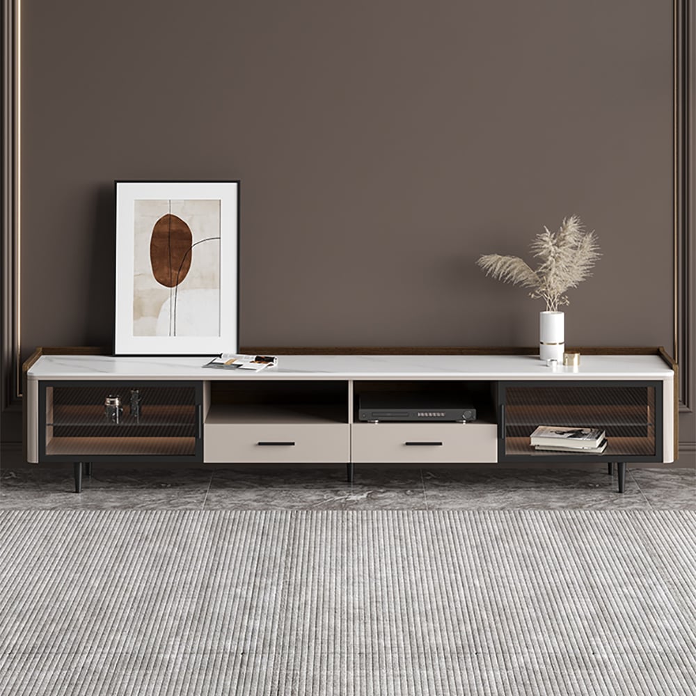 86.6" TV Stand with Sintered Stone Top & Cable Management in Off White & Walnut window image