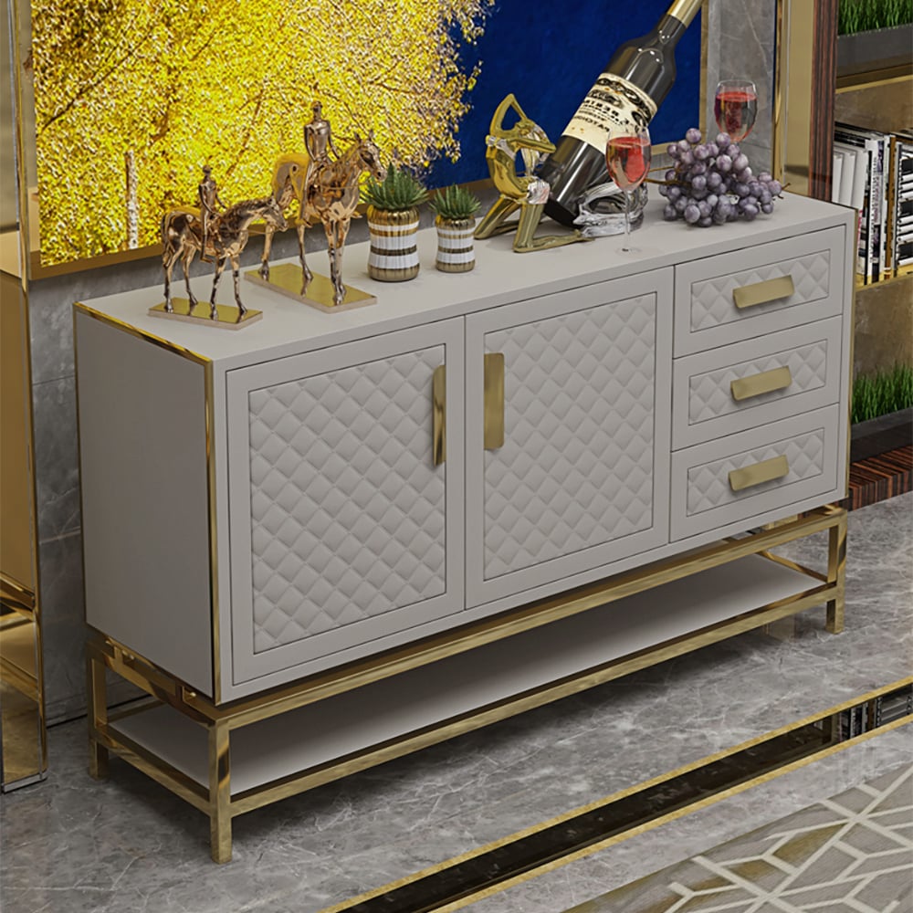 Küchen-Sideboard aus Kunstleder, 1500 mm, 3 Schubladen und 2 Türen mit Stauraum in Grau Schaufensterbilder