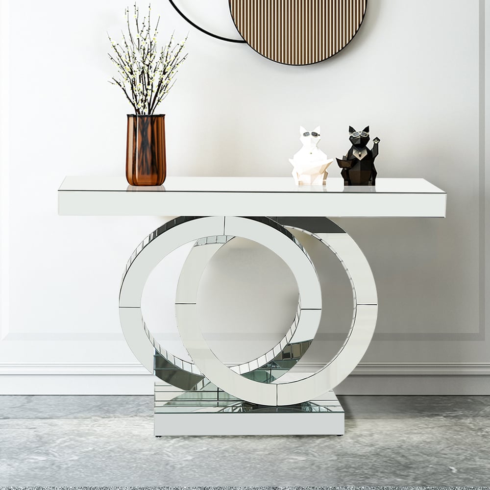 Console moderne en argent avec base à anneaux entrelacés pour couloir d'entrée image de fenêtre