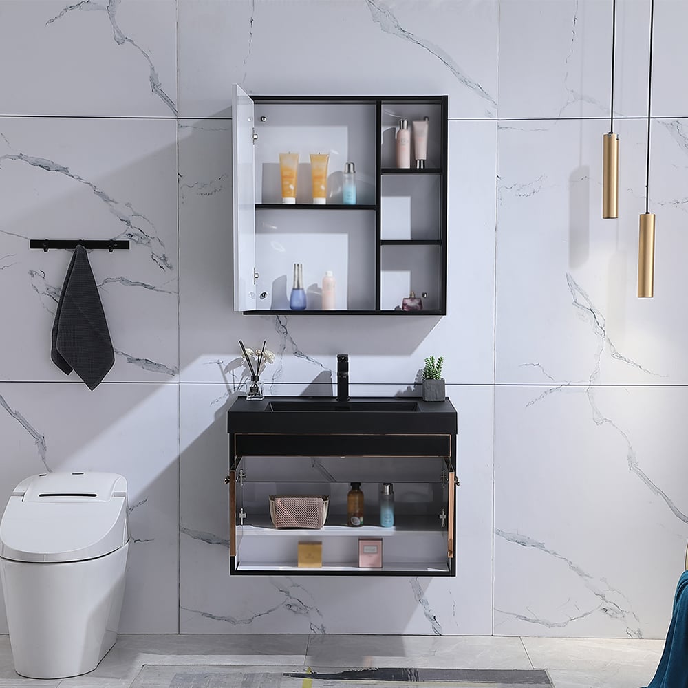 800mm Wall Mounted Black Bathroom Vanity Set Quartz Sink with Medicine Cabinet window image