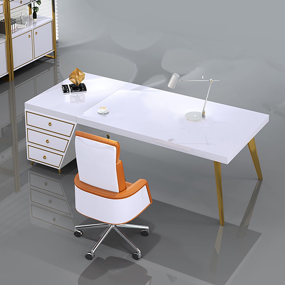 Minimalistisch modern wit bureau van rechthoek met 3 lades linkerhand Vensterafbeelding