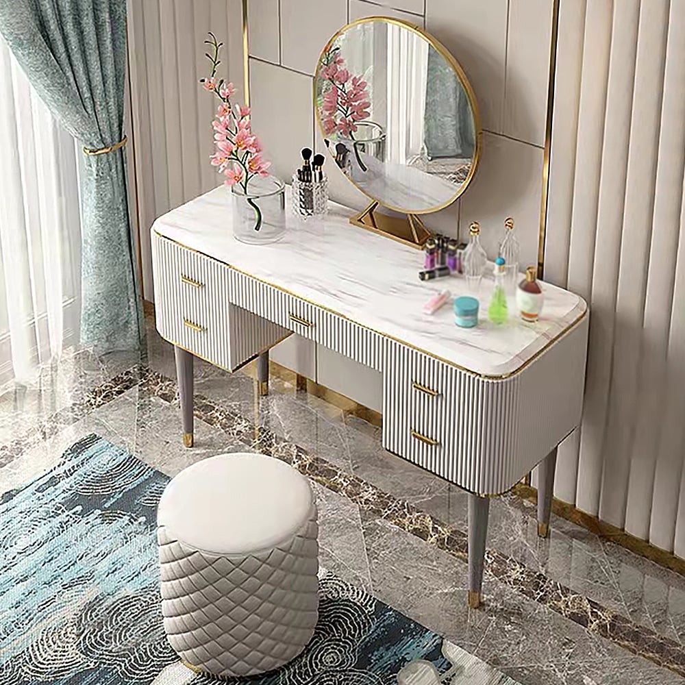 Modern Off White Makeup Vanity Set with Mirror & Stool window image